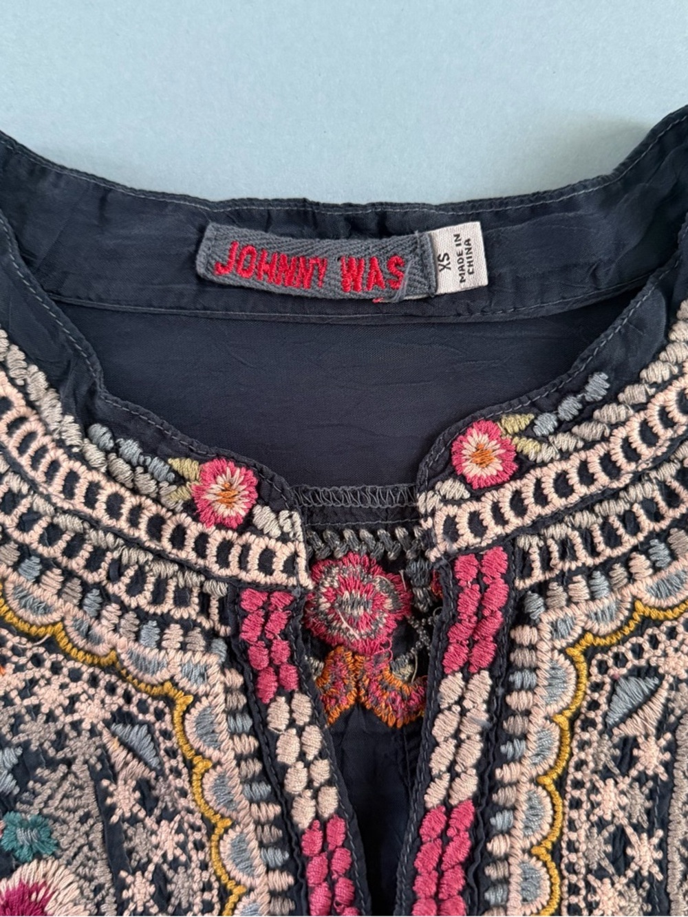 Johnny Was Annette Embroidered Floral Bastille Blue Boho Cottage Tunic Blouse - Picture 5 of 5